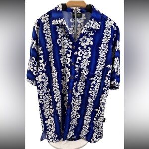 ULUWATU Bali island men’s blue white floral casual button down Hawaiian shirt XL